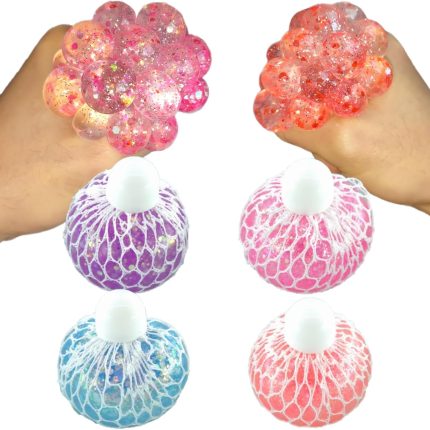 Fidget Toys for Kids Pack of 4, Glitter Mesh Grape Squishy Stress Balls for Adults - Sparkly Jelly Stress Balls, Sensory Squeeze Toys for Stress Relief/Hand Exercise(Purple/Blue/Pink/Coral)